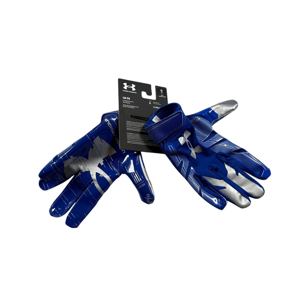 Under Armour Mens Large UA F8 Football Gloves Blue Silver GlueGrip Skill Player